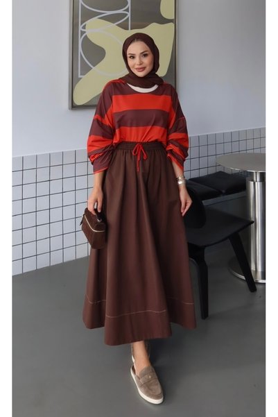 Athes collection Kahverengi Beli Lastikli ve Bağcıklı Dökümlü Kloş Kadın Maxi...