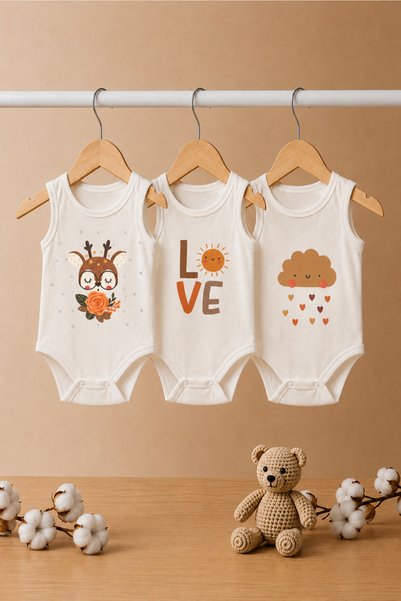 bebeqon 100% Cotton 3-Piece Deer Baby Bodysuit Sleeveless White Set