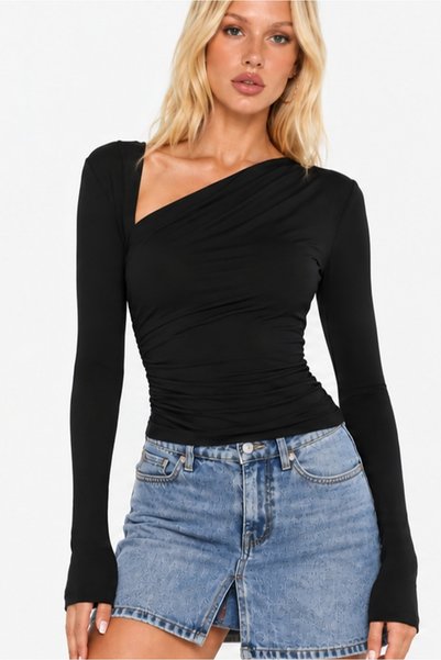 World Fashion Trends Long Sleeve Stretch Blouse with Gathered Collar and Side