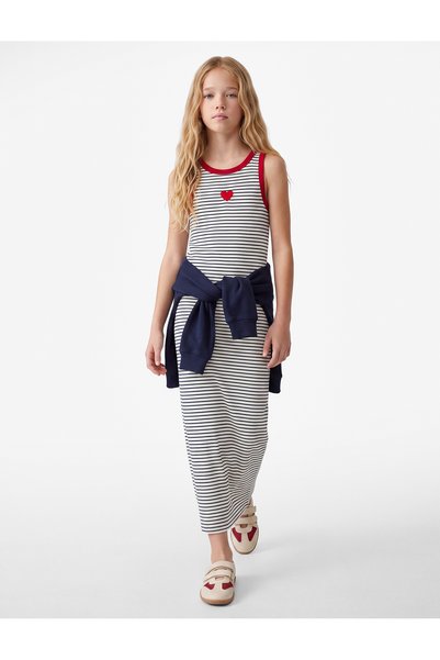Koton Heart Embroidered Crew Neck Sleeveless Cotton Camisole Striped Long Dress