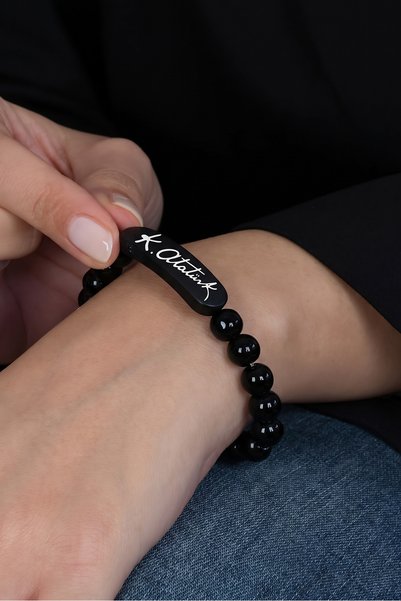 Takı Dükkanı K. Atatürk Signed Shiny Black Beaded Stone Men's / Women's Brace...