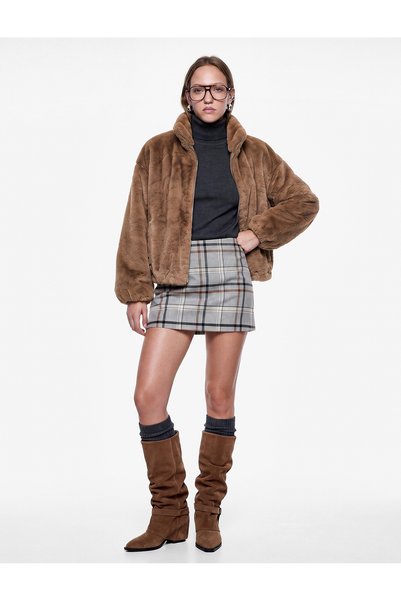 Koton High Collar Long Sleeve Faux Fur Jacket with Zipper Pockets