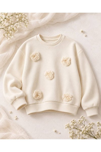 Lolliboomkids Girl's Appliqued Rose Detailed Cream Color Sweatshirt Rose Crea...