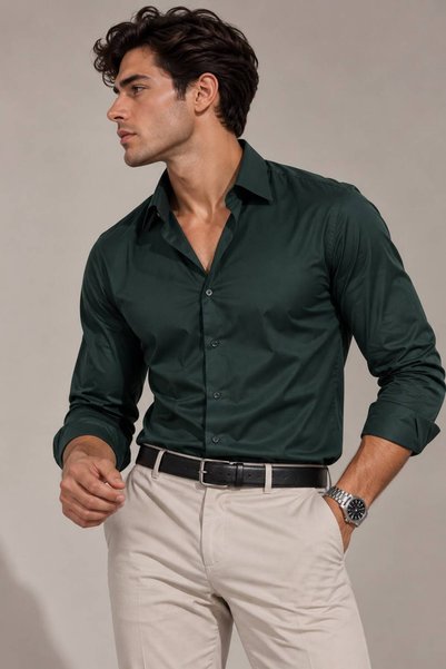 sepetx Erkek Basic Premium Pamuk Saten Slim Fit Haki Yeşili Gömlek