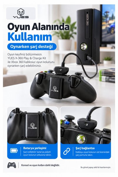 YUES Xbox 360 Uyumlu Oyun Kolu Şarj Kiti, Şarj Edilebilir Batarya ve 1,5 m USB Kablo, Siyah