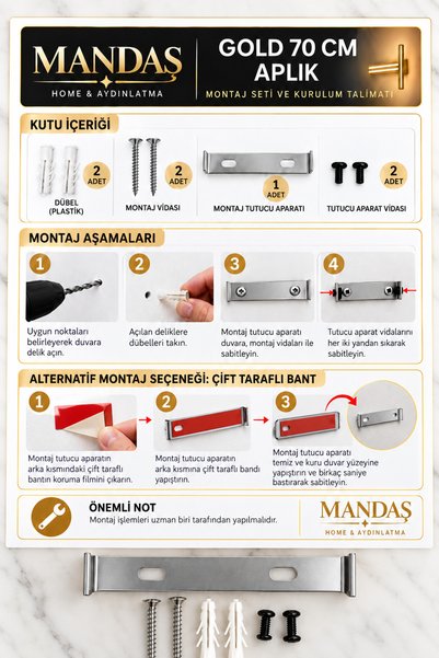 Mandaş Modern Eskitme Gold Gün Işığı 70 cm Led Duvar Aplik 1 Adet | Pilli Kablosuz Tak-Çalıştır