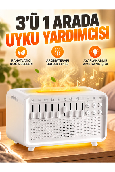 MATECHNO 3in1 Işıklı Doğa Sesli Uyku Yardımcısı Buharlı Hava Nemlendirici ve Bluetooth Hoparlör Cihazı