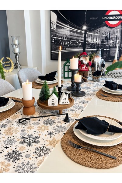 Decamor home Yeni Yıl Temalı Ekru Siyah Runner Yılbaşı ( PEÇETE DAHİL DEĞİLDİR )