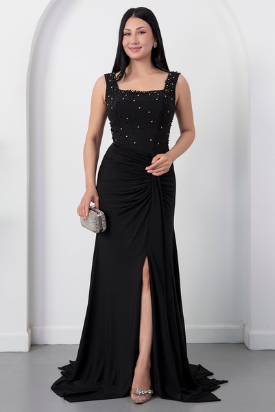 PULLIMM Kare Yaka Boncuklu Yırtmaçlı Elbise ECR5974