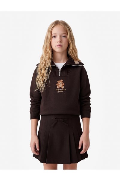 Koton Ayıcık Nakışlı Üç İplik Şardonlu Uzun Kollu Fermuarlı Yaka Sweatshirt