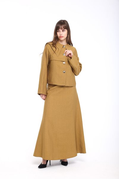 beyond istanbul Wide Collar Detail Belted Skirt Suit