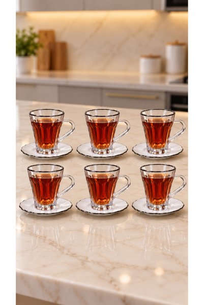 AR HOME طقم شاي 12 قطعة - كوب شاي زجاجي مع طبق بورسلين