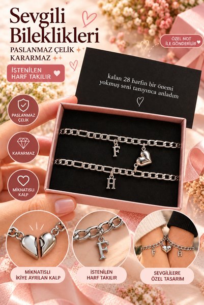 HayDün Mıknatıs Kalpli Harfli 2li Sevgili Çift Bileklik Arkadaşlık