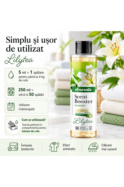 Elix AMARELLA Lilytea – Parfum de Rufe Concentrat 250 ml, Aromă Florală cu Note de Crin și Ceai, Peste 50 de Spălări