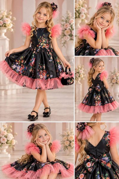 ABİYEKİDS Floral Print Satin Bagged Buckled Style Children's Evening Dress AB...