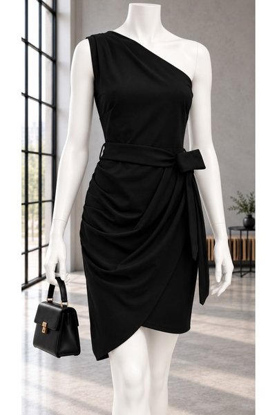 Modafeminen One-Shoulder Double-Breasted Cut Black Dress 581624