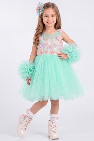 Mnk Baby&Kids Girl's Pompom Sleeves Lase Rose Patterned Fluffy Skirt Tutu Dre...