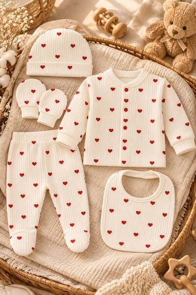 Lumos Trade Newborn Baby Girl Ribbed 100% Cotton Gift 5-Piece Set - Heart Pat...