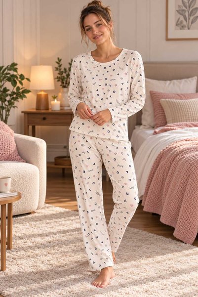 PİJART Ecru Love-Heart Patterned Knitted Pajama Set
