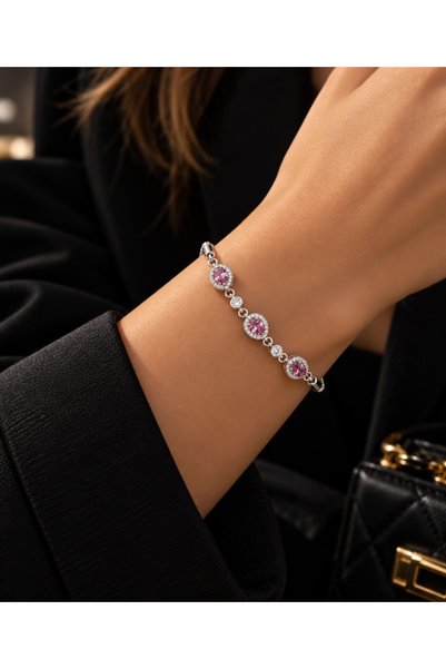 Adata Jewelry Steel Zircon Stone Pink Oval Model Women's Bracelet with Lifter...
