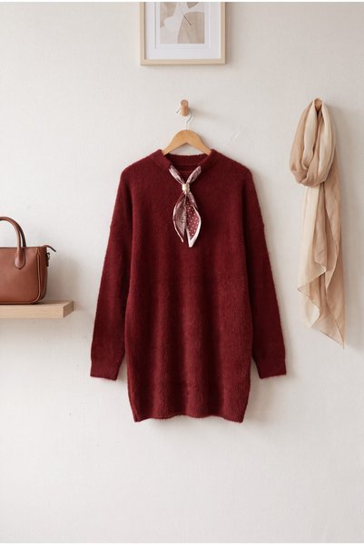 HİJABAYA Crew Neck Oversize Long Sleeve Flowy Hip Length Hijab Knitwear Tunic...