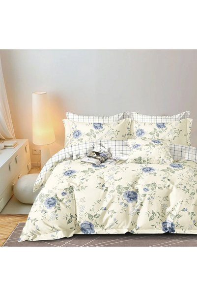 Ralex Lenjerie pat dublu 6 piese Percale Bumbac 100%, Flori Crem / Albastru, ...