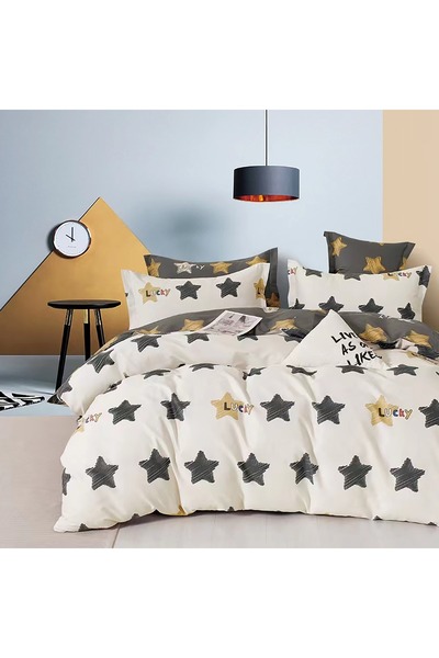 Ralex Set lenjerie de pat dublu - 6 piese, bumbac percale 100%, steluțe galbe...