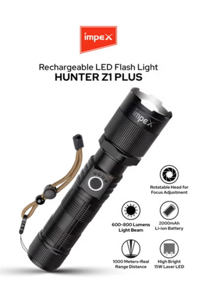 IMPEX مصباح يدوي LED قابل لإعادة الشحن بقوة 15 واط | ليزر LED | تركيز قابل لل...