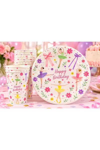 Partifabrik Balerin Makaron Fiyonk Pastel Renk Temalı Karton Tabak Bardak 8 li