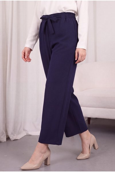 Modamorfo Duble Kumaş Beli Kuşaklı Bol Paça Pantolon -laci