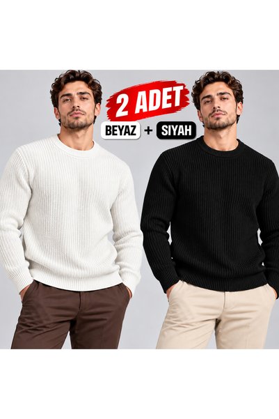 cto your style أبيض وأسود [قطعتان] سترة تريكو رجالية مريحة ذات ياقة دائرية