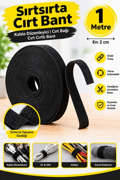 Hobialem 1 Metre - Sırtsırta Cırt Bant, En: 2 Cm, Siyah, Kablo Düzenleyici, C...