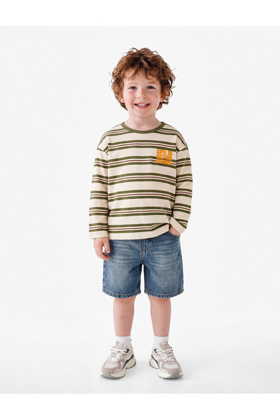 Koton Printed Cotton Crew Neck Long Sleeve Oversize Striped T-Shirt