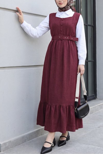 Modamorfo Buttoned Top, Ruffled Bottom, Belted Waist Gilet Dress - Burgundy