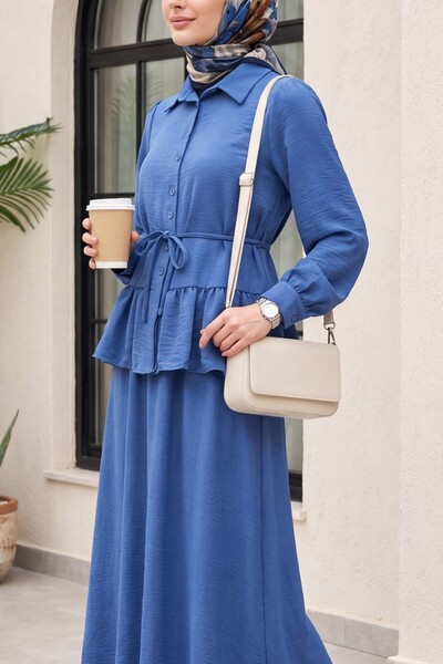 HİJABAYA Parted Gathered Blouse Shirt Collar Long Sleeve Hijab Skirt Set -Indigo