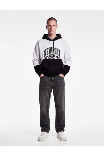 Koton Comfortable Fit Printed Kangaroo Pocket Color Block Hooded Sweatshirt