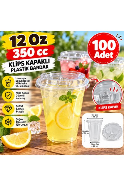 maycup 12 Oz 350 cc Klips Kapaklı Plastik Bardak 100 Adet Limonata Soğuk İçec...