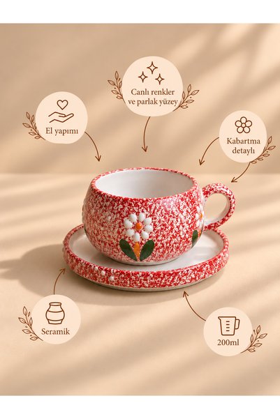 ASSERAMİK Papatya desenli el yapımı seramik tabaklı kırmızı çay/kahve fincanı...