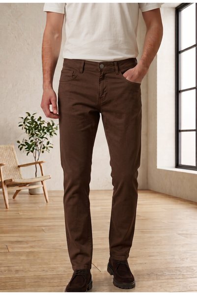 TheSeason Men's Brown Slim Fit 5-Pocket Stretch Cotton Gabardine Trousers