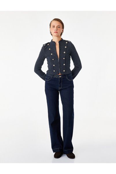 Koton Zippered Stand Collar Striped Ornamental Buttoned Napoleon Jacket