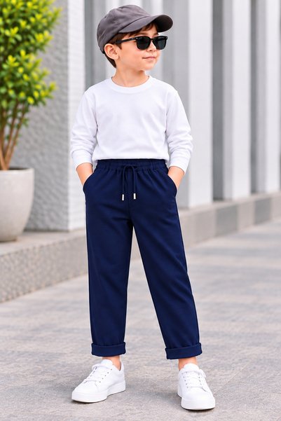 gold ılgaz tekstil Dark Blue Boys' Jogger Pants with Side Pockets, Diagonal Pique Fabric, for Ages 8-12