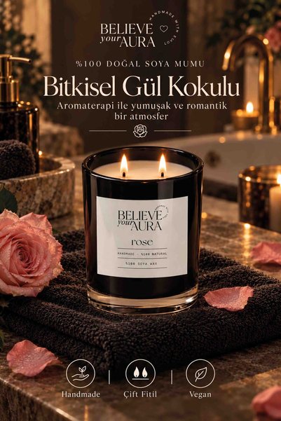 Believe Your Aura Gül Kokulu Mum - %100 Doğal Soya Mumu Aromaterapi ve Dekora...