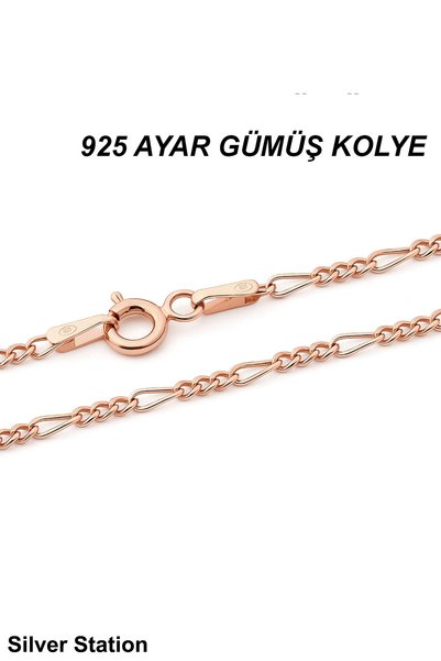 Silver Station Rose Renk 925 Ayar Gümüş Kolye - İnce Figaro Zincir Kolye 40-4...