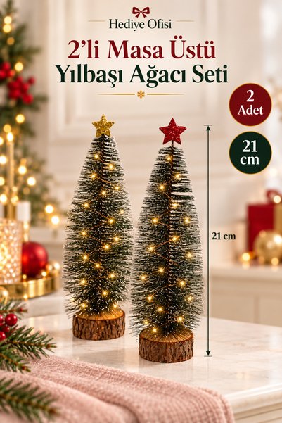 hediyeofisi Yılbaşı Ağacı 2li Masa Üstü Yılbaşı Ağacı Seti 2 Adet 21 cm Yılba...