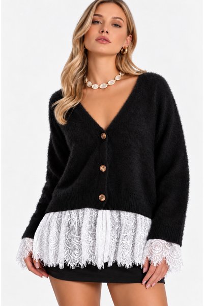 Elysira Cardigan de damă cu decolteu în V și detalii din dantelă, din tricota...