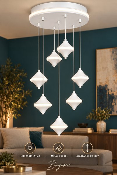Begüsa Eris LED 7.Li Tepsili Avize Beyaz Modern Şık Dekoratif Salon Avizesi O...