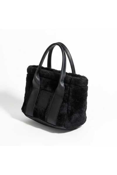 Genel Markalar Siyah Peluş Tote Çanta – Deri Detaylı Mini Omuz Çantası