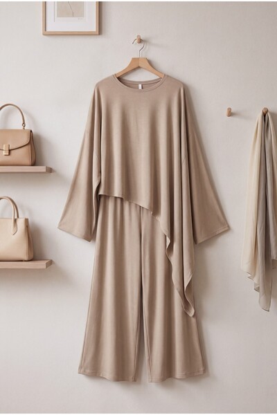 HİJABAYA Asymmetrical Cut Trousers with Pockets, Loose Viscose Crew Neck Hija...