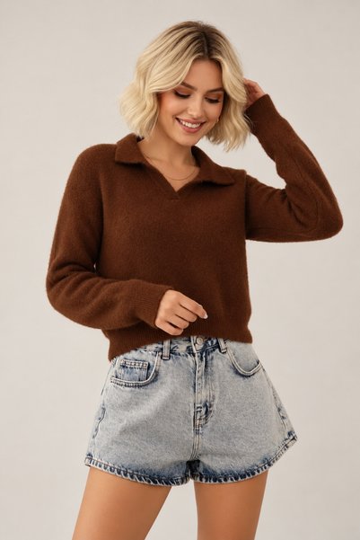 Nivora Style Kadın Polo Yaka Peluş Dokulu Uzun Kollu Crop Triko Kazak