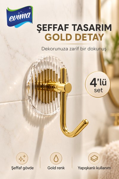 EVİMA 4 Pieces Gold Color Adhesive Transparent Hanger for Bathroom and Kitchen